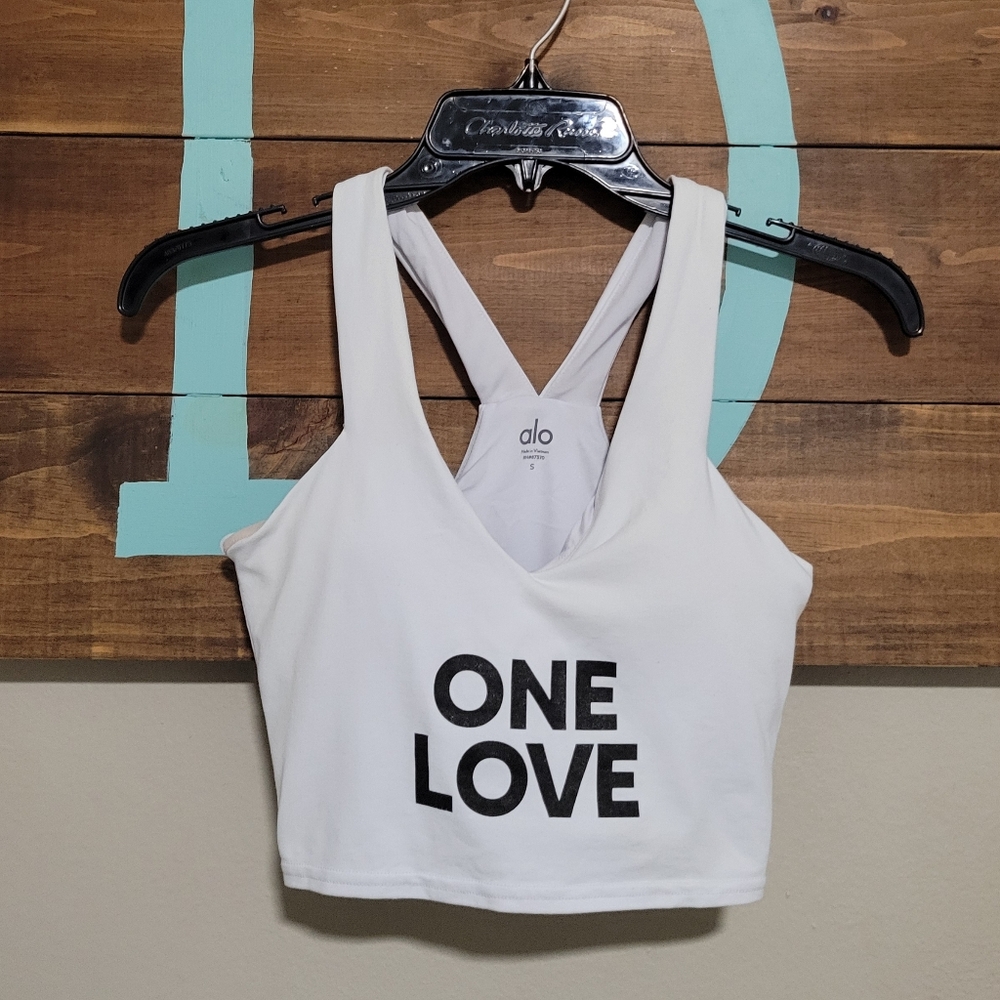 Alo White Rainbow Side Panels 'ONE LOVE' Airbrush Real Bra Crop Tank Size Small
